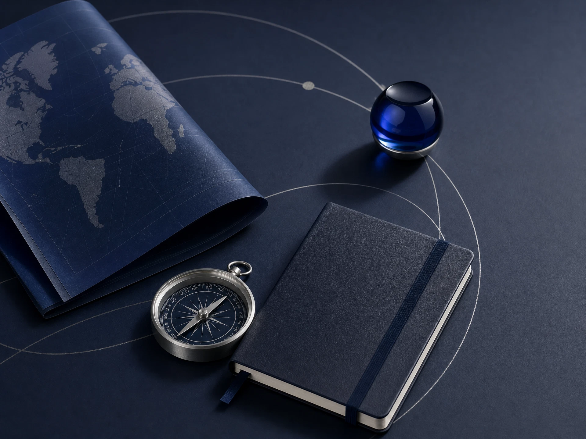 Silver compass on a deep-blue map