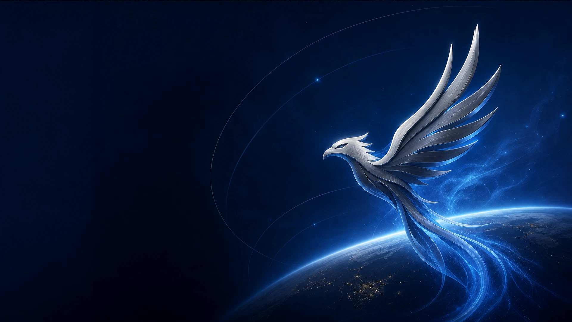 Abstract silver-blue phoenix above a global horizon
