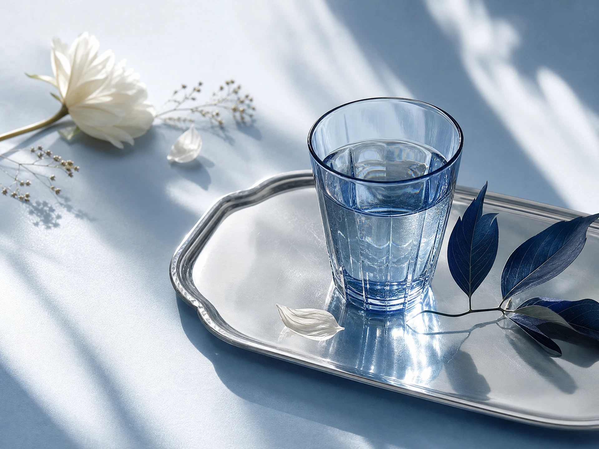 Blue glass and botanical wellness still life